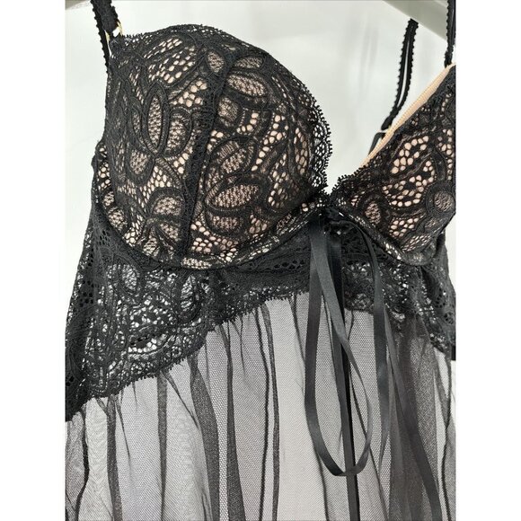Victorias Secret Black Lace 34C Babydoll Lingerie Gold Accents Chemise 329863093 - Picture 2 of 10